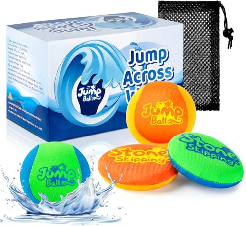 LETREEN 4Pcs Water Skipping Balls for Ocean, Beach, Lake & Pool – 2 Balls & 2 Discs – Soft Gel Water Bouncing Ball for Easy Skipping – Skim Ball Perfect for Kids & Adults with Net Storage Bag