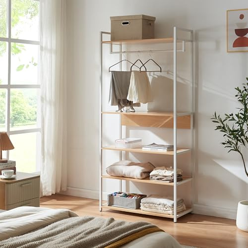 [en.casa] Organizzatore Guardaroba Stand Porta Abiti con Barra Appendiabiti e Ripiani Mobile Porta Vestiti per Cabina Armadio 180x80x40 cm Bianco/Effetto Rovere