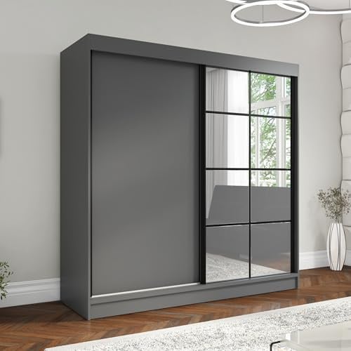 A&J MöbelLand Schwebetürenschrank Tina Kleiderschrank 2-türig mit Spiegel Garderobenschrank 200 cm (Graphit)