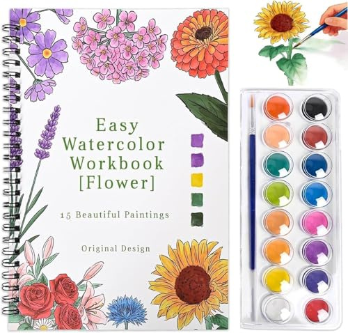 Cahier Aquarelle a Peindre pour Débutant,16 couleurs avec pinceau,15 Belles Peintures (Fleurs),Livre Aquarelle Adulte, Cahier De Dessin Aquarelle