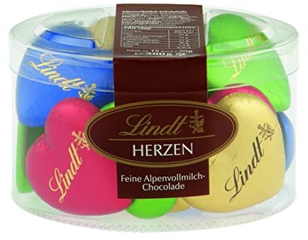 Lindt Schokolade Vollmilch Schokoladenherzen | 300 g | 15 x feinste Alpenvollmilch Schokolade in Herzform in den Farben Grün, Rot, Blau, Gold | Schokoladengeschenk