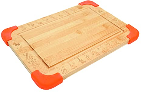 Kleiner Fuchs Tabla infantil de bambú (naranja) | antideslizante y suave para cualquier superficie | con alfabeto animal para aprender divertido | Incluye caja de regalo