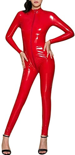 Damen Wetlook Sexy Latex Ouvert Catsuit Bodysuit Reißverschluss Lack Leder Jumpsuit Dessous Nachtwäsche Langarm Einteiler Overall Playsuit Hosenanzug Cosplay Kostüm Reizwäsche Clubwear (S,Rot)