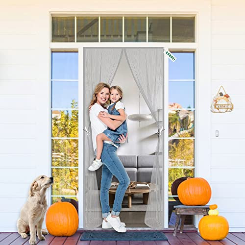 CGUOZI Magnetic Screen Door Closure, 205 x 190 cm Mesh Screen Doors with Magnets, Retractable and Sliding Screen Door Replacement Gray