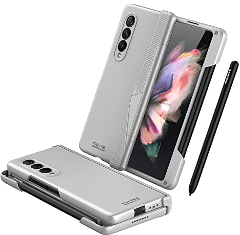 COQUE Galaxy Z Fold 3,Étui Tout Compris Pliable à charnière avec Stylo capacitif, Fente pour Stylo, de téléphone Pliable pour Samsung Galaxy Z Fold 3 5G-Argent