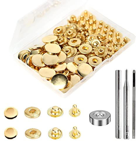 24 Sets Heavy Duty Leather Snap Fasteners Kit, BetterJonny 17mm Metal Snap Buttons Press Studs Leather Rivets Snaps with 4 Setter Tools for Clothes Bracelet Jackets Jeans (Gold)