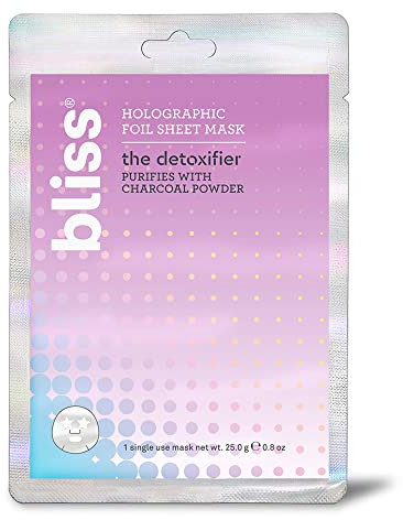 Bliss The Detoxifier Charcoal Facial Mask Holographic Foil Charcoal Sheet Mask Gently Exfoliates and Detoxifies Pores. Super Smooth and Radiant Skin. All Skin Types. Cruelty Free & Vegan