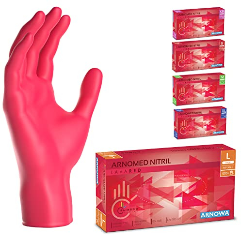 ARNOMED Einweghandschuhe Rot 100 Stück/Box, Nitrilhandschuhe L, Einmalhandschuhe, Handschuhe Einweg puderfrei, latexfreie Gummihandschuhe, Einweghandschuhe in XS, S, M, L & XL verfügbar