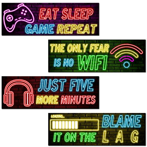 4PSC Video Game Room Sign, Gamer Room Wooden Plaque, Neon Effect Gaming Wood Sign for Boys Bedroom Door Video Game Wooden Plaque for Gaming Zone Boy Man Room Decor