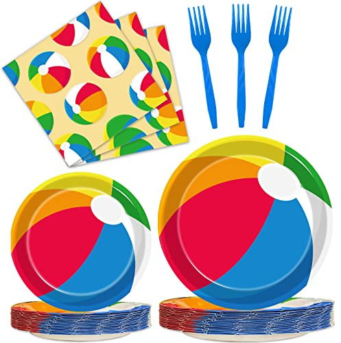 Kepeel 96 Pcs Summer Pool Beach Party Paper Plates Napkins, Beach Pool Ball Party Decorations Supplies Disposable Dinnerware Tableware for Kids, Serves 24