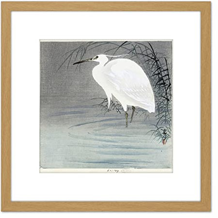 Artery8 Koson Ohara Little Egret Bird Japanese Woodcut 8X8 Inch Square Wooden Framed Wall Art Print Picture with Mount