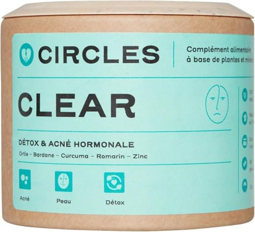 Circles CLEAR - Cure détox pour la peau et l'organisme - Complément alimentaire à base de plantes et minéraux en cas d'acné hormonale chez l'adulte - Végan - Bardane, Ortie, Zinc, Romarin - 60 Gélules