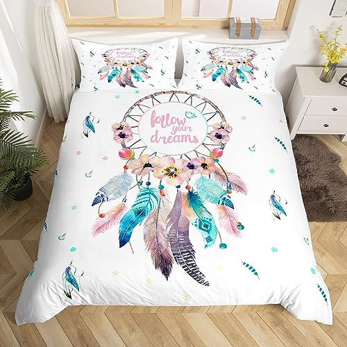 Mädchen Bettwäsche 135x200 Traumfänger Bettwäsche Set 2-teilig Blumen Federn Mädchenbettwäsche Kinderbettwäsche Bohemian Style Bettbezug 100% Mikrofaser Frauen Floral Dream-Catcher Bettwäsche Elegant