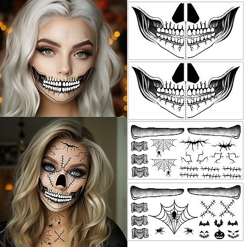 ENYACOS 4xHalloween Tattoos Totenkopf Skull zum Aufkleben für das Gesicht,Halloween Mund Tattoo,Halloween Zombie Gesichtstattoo,Halloween Schminke,Halloween Accessoires (A)
