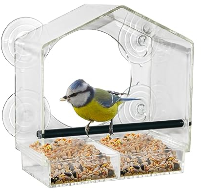 Fenster Futterhäuschen für Vögel - 20 x 18 cm - Transparentes Vogelhäuschen mit Saugnäpfen und Sitzstange - Vogel Futterstation Futterhaus Futterstelle Futterspender zum Befestigen an Glasscheiben