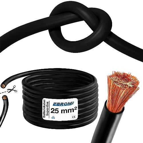 EBROM Batteriekabel 25 mm² schwarz feines Kupfer höchst flexibel extrem biegsam, weich PVC, Vollkupfer feinstdrähtig OFC 99,9% Meterware in einer Länge 25mm2 25 mm2 für Wechselrichter, Laderegler uvm.