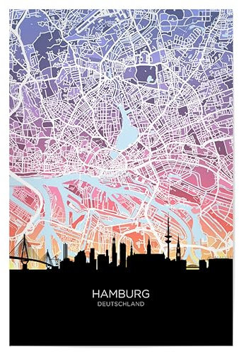 artboxONE Poster 30x20 cm Städte Hamburg Skyline Karte Pastell - Bild Hamburg Deutschland Hamburg