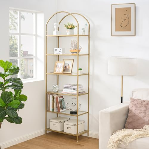 Homhedy Bookshelf Arched Display Racks,Metal Bookcase,Tempered Glass Shelves,Storage Rack Shelf for Home Office,Living Room,Bedroom, Bathroom,Modern Style (Golden, 11.8 D x 23.6 W x 73.6 H)