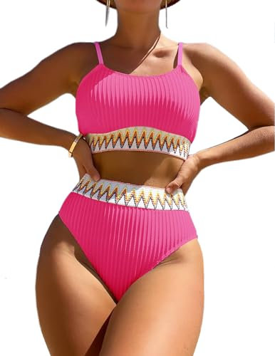HUXRAKV Coordinati da Bikini per Donna Imbottito Due Pezzi Costume da Bagno con Spaghetti Stampati a Vita Alta Tankini Swimwear da Spiaggia,A-Rosa,XL