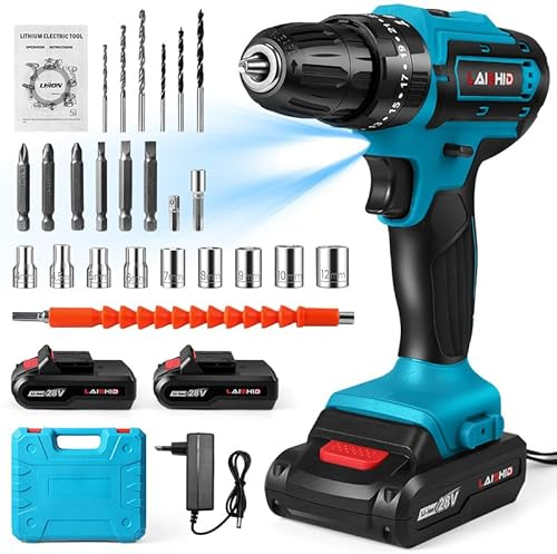 Taladro atornillador inalámbrico de 28 V, destornillador desatornillador inalámbrico con 2 baterías + 24 accesorios, 25+3 ajustes de par luces LED atornillador inalámbrico para bricolaje
