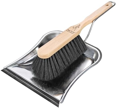 Peggy Perfect Juego de recogedor prémium con cepillo de mano de madera de haya, pala de acero inoxidable y labio de goma afilada. Escoba de mano con mezcla de pelo sintético denso. Pala y escoba