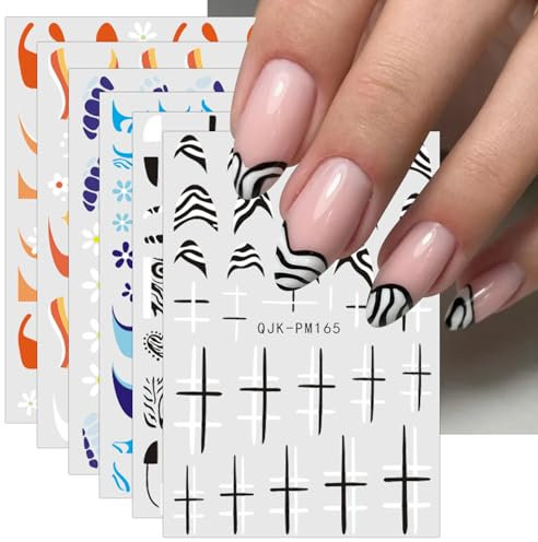 jmeowio 12 Sheets Marble French Tip Line Nail Art Stickers Decals Self-Adhesive Black White Nail Supplies Nail Art Design Decoration Accessories