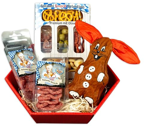 WURSTBARON® Geschenkkorb Kuschelhase, Osternest mit Salami und Snacks, Ostergeschenk im ansprechenden Geschenkkorb.