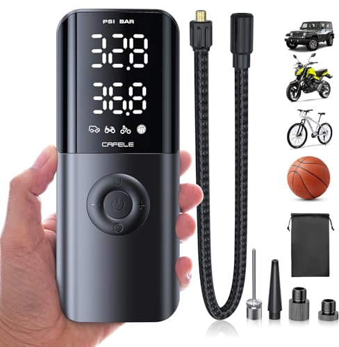 CAFELE 0-150PSI Mini Bomba de Aire Electrica [Ultra Ligera] Compresor de Aire Coche Portátil Inalámbrico con Pantalla Grande&Luz de Emergencia,Inflador Ruedas Coche para Coche,Moto,Bicicleta,Pelotas