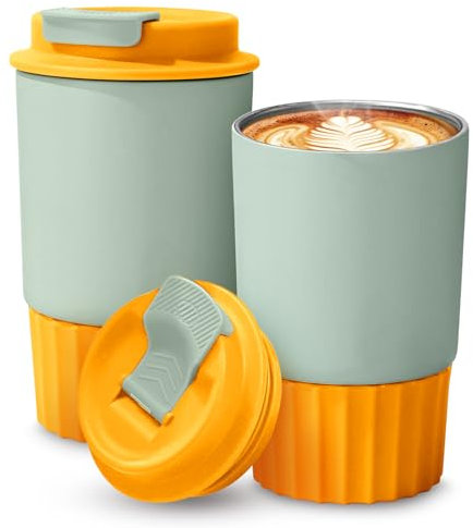 12 OZ Insulated Travel Coffee Mugs with Lid-Stainless Steel Reusable Coffee Cup Coffee Mug Travel Mugs Insulated for Hot and Cold (Green Orange)