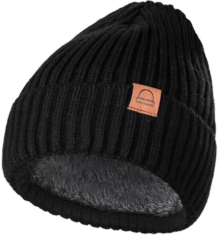 Amzjjle Strickmütze, warme Beanie-Mützen für den Winter, mit Fleece gefüttert, Thermo-Mütze, Dickes Polarfleece, Schneeschädelmütze, Schwarz, 0