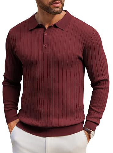 COOFANDY Men's Polo Collar Pullover Long Sleeve Fine Knit Polo Knitted Jumper Basic Plain Men's Jumper Polo Shirt, wine red, S