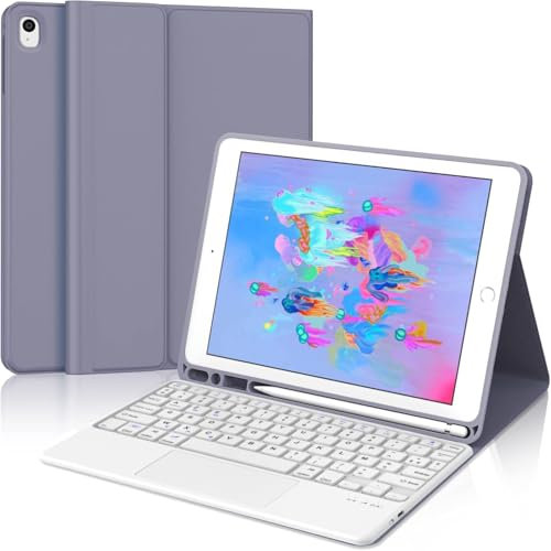 iPad 6 Generation Hülle mit Tastatur - Tastatur mit Touchpad für iPad 6th/5th Generation 2018/2017 9,7 Zoll, Abnehmbare Kabellose QWERTZ Layout, 7 Farben Beleuchtete (Lavendelviolett)