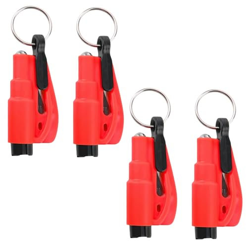JAONLD 4 Pièces 3 en 1 Porte-Clés Sécurité Voiture,Brise-Vitre et Coupe-Ceinture,Moderne Unisexe Adulte-Vitre(Rouge)