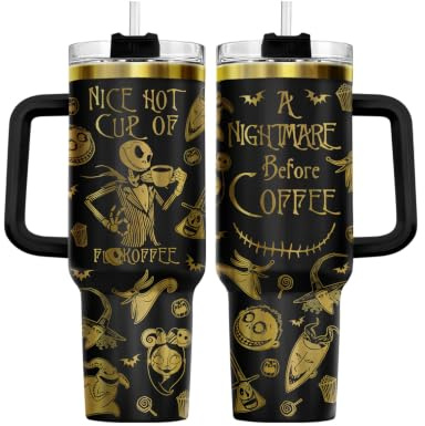 34HD Nightmare Before Coffee Tumbler 40oz with Handle and Straw, Laser Engraved Skeleton Insulated Travel Coffee Cup - Cartoon Character Gifts on Birthday for Cafe Lovers, Men & Women