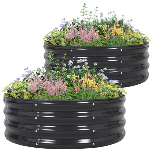 2 Stück 90x90x30cm Rundes Hochbeet, Metall Hochbeet Garten im Freien Pflanzer Box für Gartenarbeit Pflanzung Pflanzen Gemüse, Kräuter, Blumen, Dunkelgrau