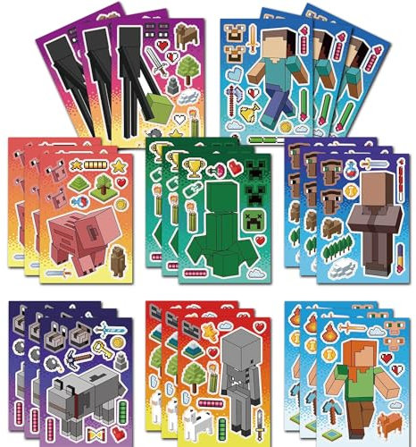 ETHEL 24 Sheets Cartoon Make a Face Stickers, Make Your Own DIY Stickers for Kids, Art Crafts Suitable for Birthday Party Supplies Gifts (Miner Gaming DIY)