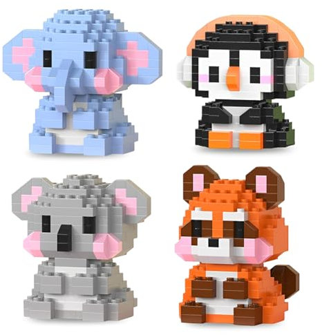 PyrrlicToy Mini Tiere Bausteine Set, 4 Tiere Konstruktionsspielzeug, Penguin Elefanten Koala Waschbär Building Block, Nano Micro Mini Bausteine DIY Spielzeug für Kinder ab 3 Jahren