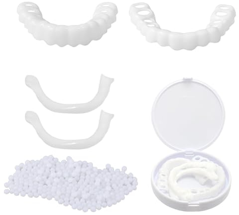 EOYVAIL Kit di riparazione protesi dentarie,50 g di perle bianche per restauro + 1 paio di protesi dentarie superiori e inferiori + 2 pezzi di strisce gengivali
