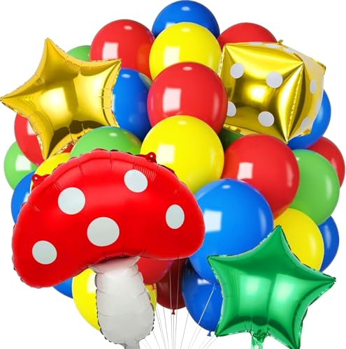 20 Stück Rot Blau Grün Gelb Latex Ballons, Folienballon Pilze Rot, Stern Helium Ballon, Luftballon Geburtstag Pilz, für Kinder Spiel Thema Geburtstag Party Dekoration