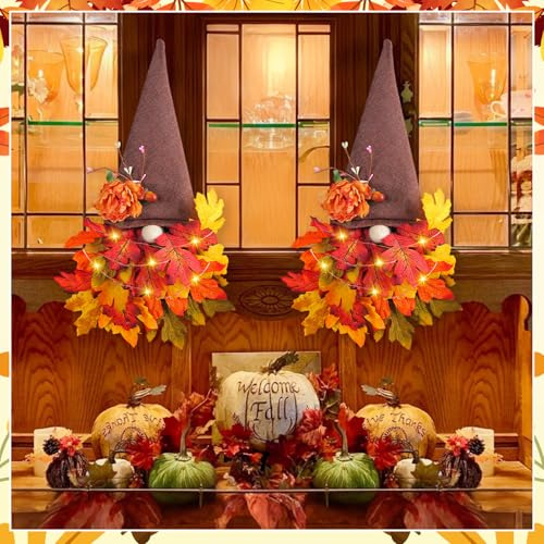 Türkranz Herbst, Herbstkranz Gnom mit Lichterkette Herbst Deko Kranz Herbstkranz Haustür mit LED Licht wichtel Herbstkränze WandKranz Türkranz Außen Herbstdeko Innen für Haustür Wand (C)