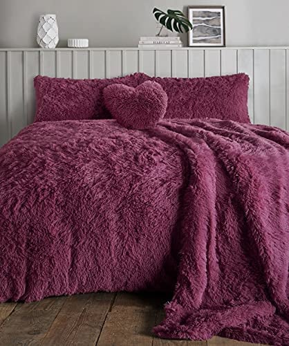 HOMES-LINEN Teddy Bear Fleece Long Fur Cuddles Alaska Luxury Duvet Cover Set Warm Cosy Soft Teddy Bedding Set (Plum, Super King)