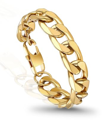 PROSTEEL Mens Bracelet - Stylish Flat Cuban Chain Wrist Link Bracelets Hypoallergenic 316L Stainless Steel Hip Hop Jewellery for Men Boys Gold Plated 23CM Length 13MM Width (with Gift Box)