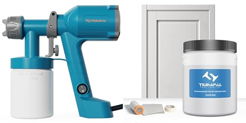 Verdünnungsfrei-Tilswall Sprühsystem für Holzfarbe - Blau Sprühpistole mit 600ml, 2 Düsen & 3 Mustern, Farbe Elfenbein - Hellgrau, Schränke & Wände, umweltfreundlich