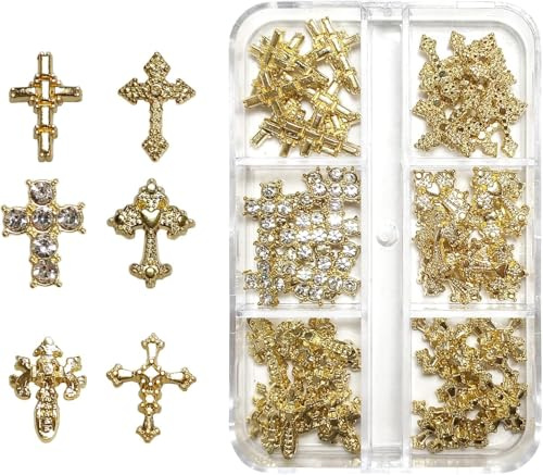 Nymora 3D Alloy Metal Crystal Cross Nail Charms - 60 Pcs Ideal for Women and Girls' DIY Punk Nail Art, with Rhinestones, Great for Salons & Fashion Events (60, Golden)