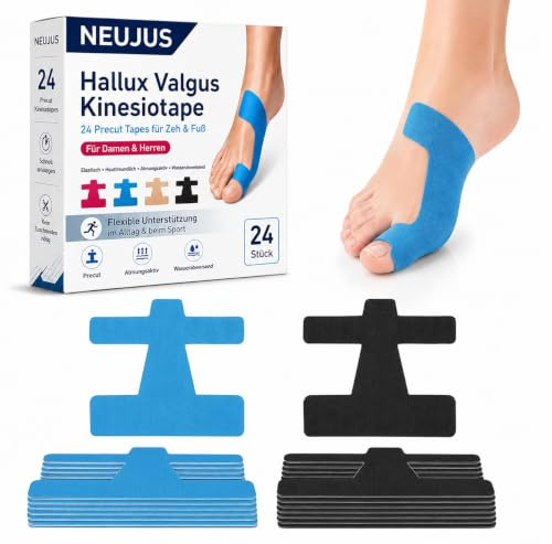NEUJUS Hallux Valgus Kinesiotapes,24 Precut Kinesiologie Tape Schwarz &Blau | Elastisches Sport-Tape, Unterstützung & Schmerzlinderung an Zeh & Fuß, Hautfreundlich, Atmungsaktiv, Wasserabweisend