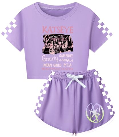 TBNRFrags Katseye, set di abbigliamento da bambina con maglietta a maniche corte e pantaloncini, stampa grafica per fan della musica, per bambini dai 3 ai 13 anni, Viola, 9-10 Years