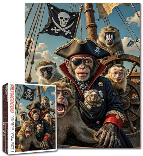 Monkey Pirate Crew Puzzle Animal Pirate Jigsaw Pirate Ship Scene Humorous Art Ocean Adventure 1000 Pieces for Adults Beginner Challenging Family Activity Games DIY Crafts Puzzle for Home Decor Gifts