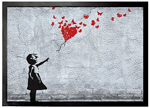 1art1 102664 Mädchen - Mädchen Mit Luftballon Und Schmetterlingen, Banksy-Style Fußmatte Türmatte 70 x 50 cm