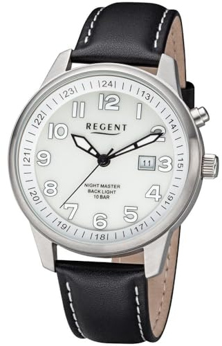 REGENT Herren-Armbanduhr Edelstahl analog Quarz Lederband schwarz F-1237