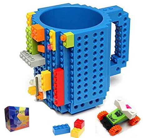 Build-On Brick Coffee Mug, Funny Cups DIY Creative Building Blocks Xmas Present, Novelty Christmas Santa Gifts for Kids Women Men with 3 Bags Accessories (Blue)